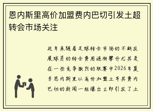 恩内斯里高价加盟费内巴切引发土超转会市场关注 恩内斯里高价加盟费内巴切引发土超转会市场关注