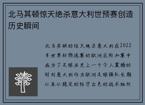 北马其顿惊天绝杀意大利世预赛创造历史瞬间