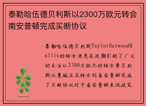 泰勒哈伍德贝利斯以2300万欧元转会南安普顿完成买断协议 泰勒哈伍德贝利斯以2300万欧元转会南安普顿完成买断协议